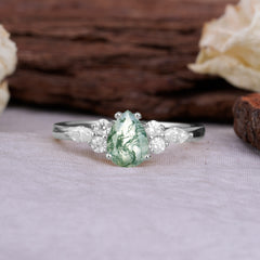 Sophisticated 4-Prong Pear-Cut Moss Agate Promise Ring