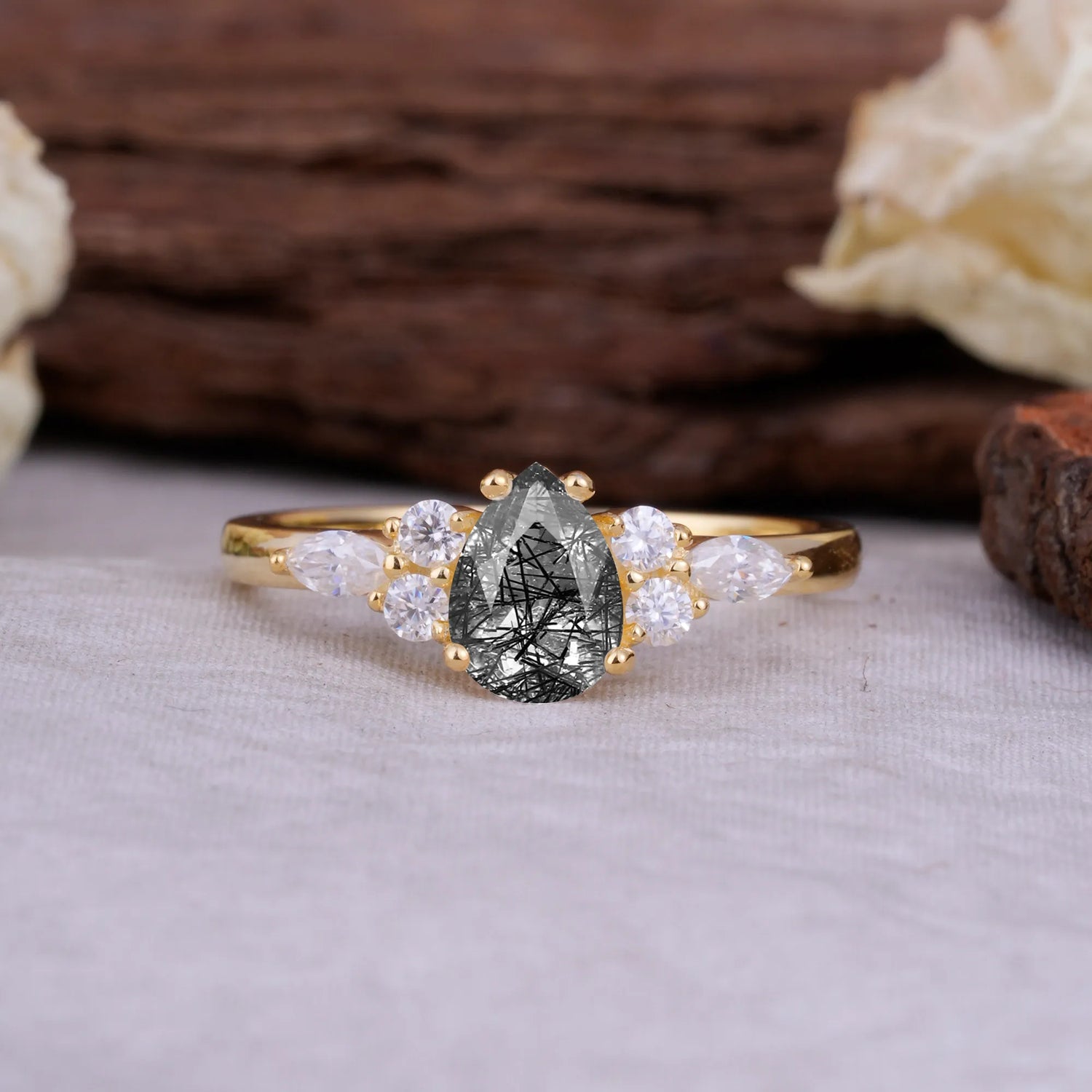 Sophisticated 4-Prong Pear-Cut Black Rutilated Quartz Promise Ring