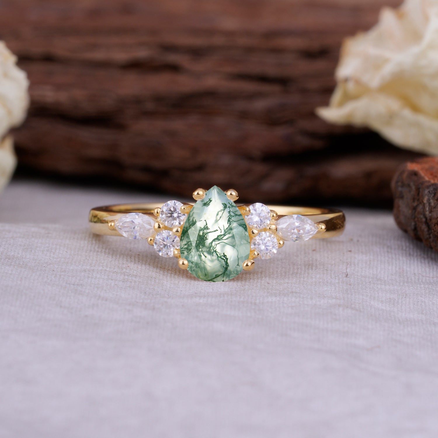 Sophisticated 4-Prong Pear-Cut Moss Agate Engagement Ring