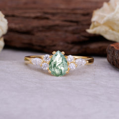 Sophisticated 4-Prong Pear-Cut Moss Agate Promise Ring