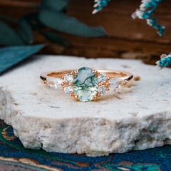 Sophisticated 4-Prong Oval Cut Natural Moss Agate Engagement Ring