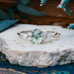 Sophisticated 4-Prong Oval Cut Natural Moss Agate Engagement Ring