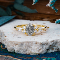 Sophisticated 4-Prong Oval Cut Black Rutilated Quartz Engagement Ring