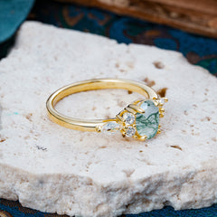 Sophisticated 4-Prong Oval Cut Natural Moss Agate Engagement Ring