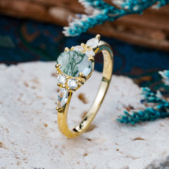 Sophisticated 4-Prong Oval Cut Natural Moss Agate Engagement Ring