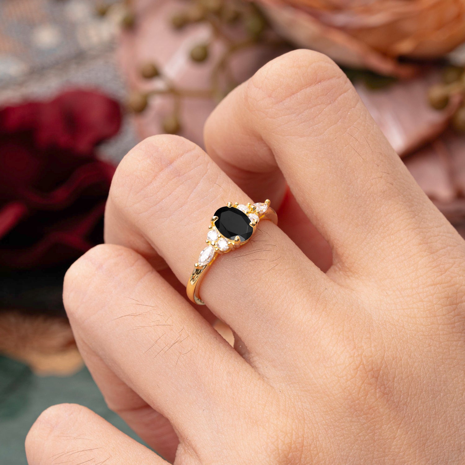 Sophisticated 4-Prong Oval Cut Black Onyx Engagement Ring
