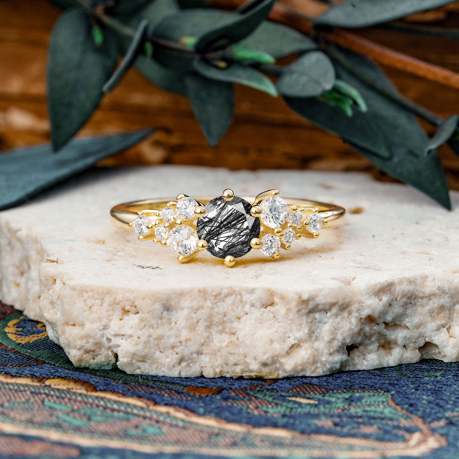 Classic 6-Prong Round Cut Black Rutilated Quartz Engagement Ring