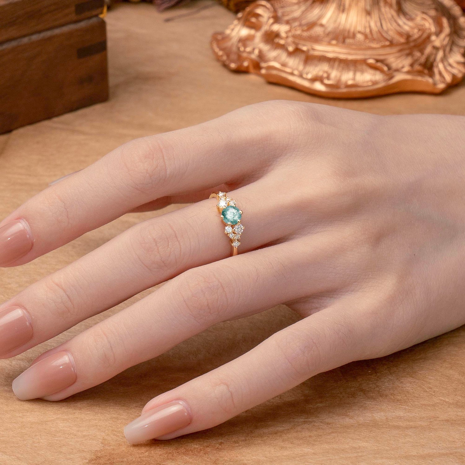 Classic 6-Prong Round Cut Moss Agate Engagement Ring
