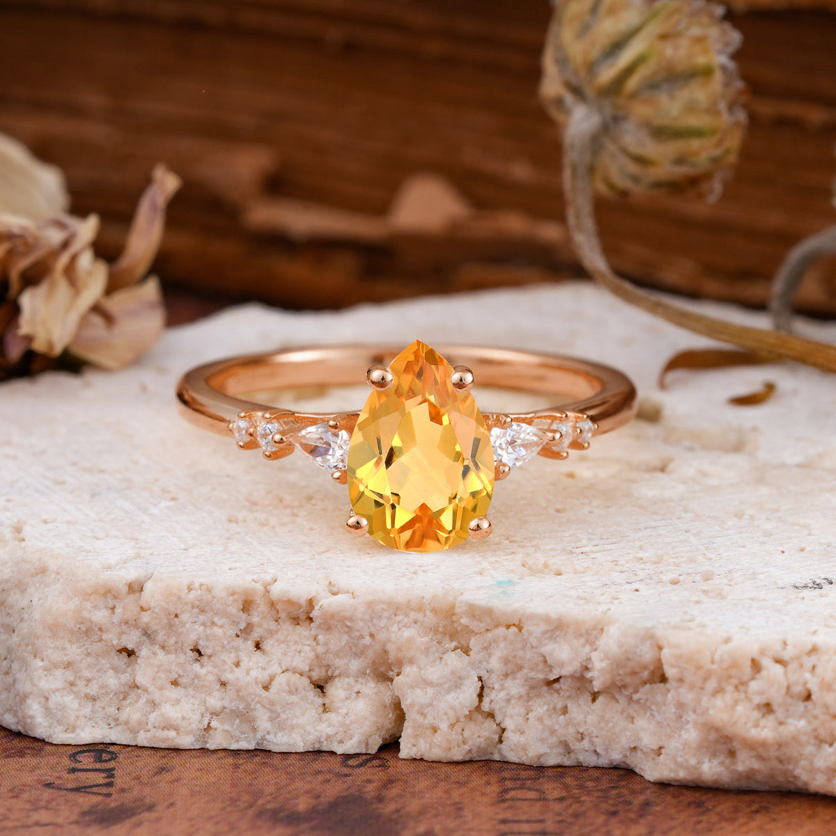 Pear Cut Citrine Three-Stone Engagement Ring for her - Additional view