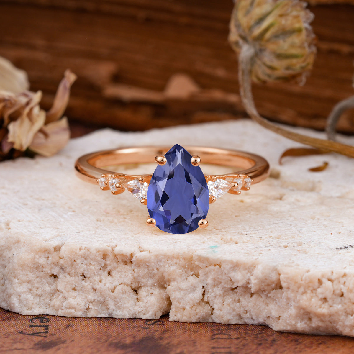 Pear Cut Tanzanite Three-Stone Engagement Ring for her - Additional view