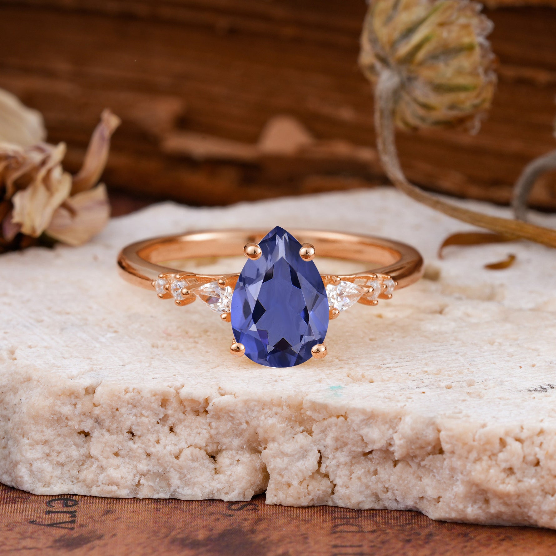 Pear Cut Tanzanite Three-Stone Engagement Ring for her - Additional view