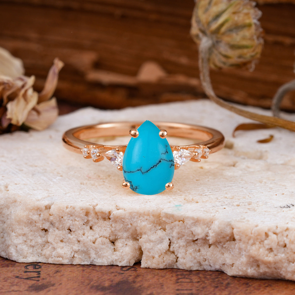 Pear Cut Turquoise Three-Stone Engagement Ring for her - Additional view
