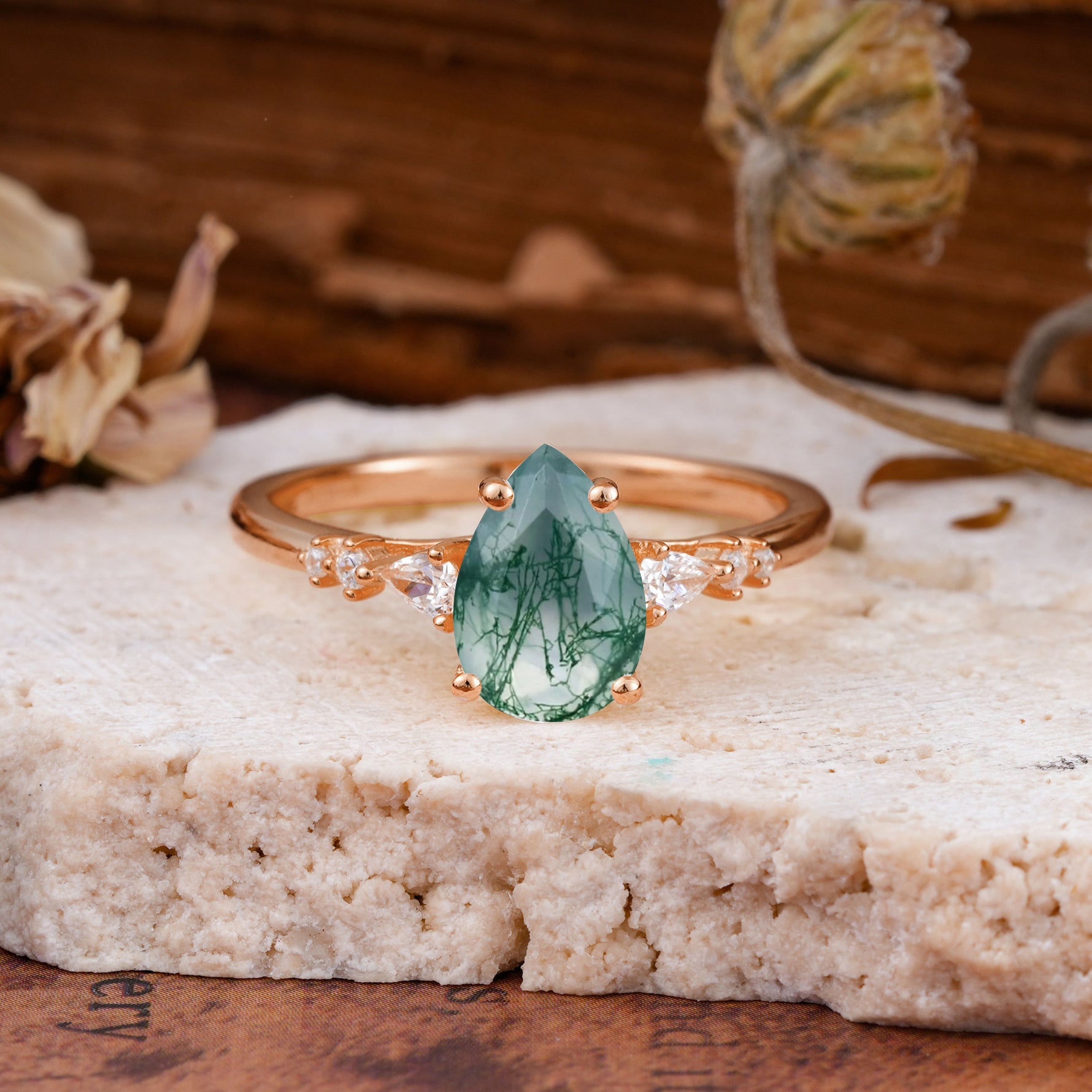 Pear Cut Moss Agate Three-Stone Engagement Ring for her - Additional view
