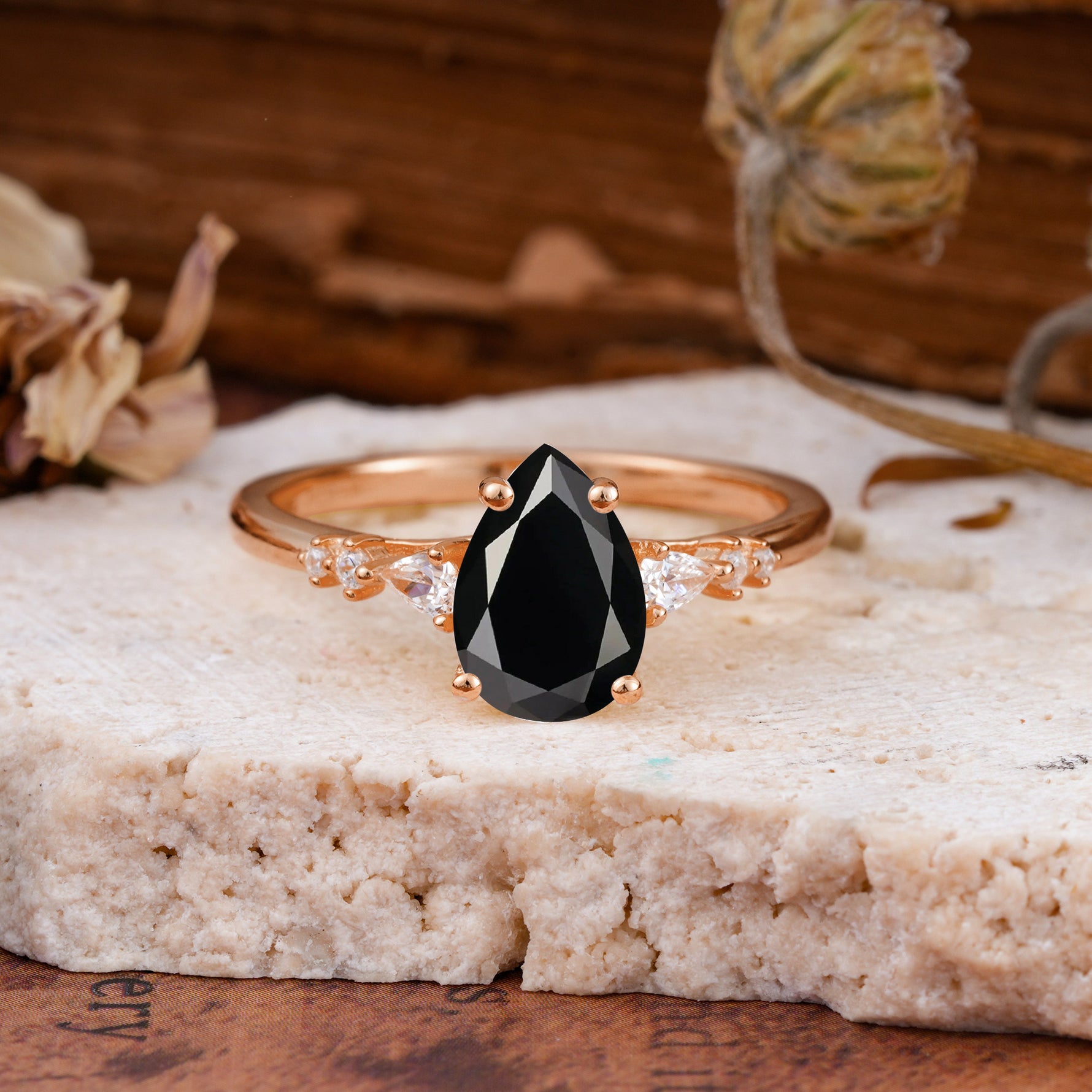 Pear Cut Black Onyx Three-Stone Engagement Ring for her - Additional view