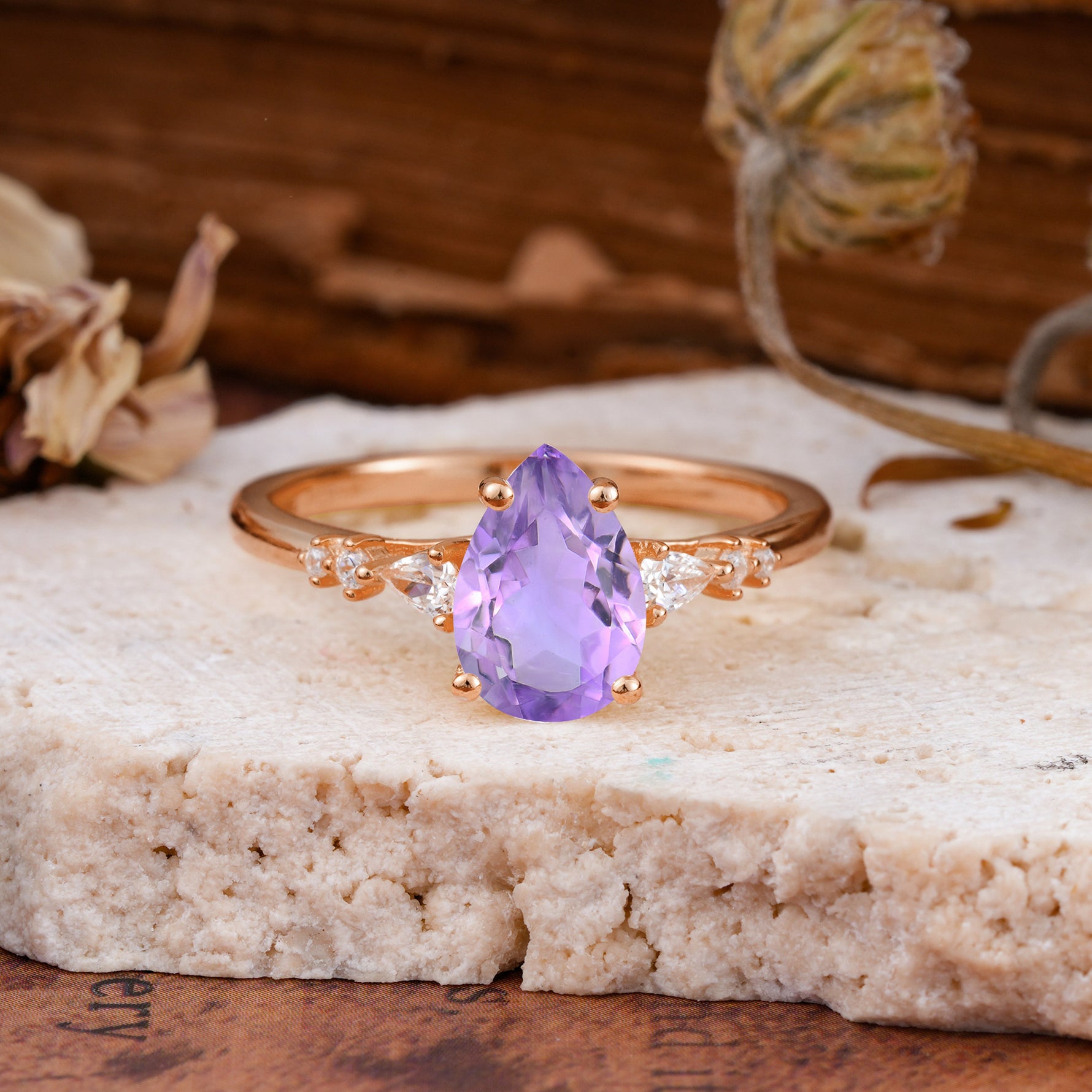 Pear Cut Amethyst Three-Stone Engagement Ring for her - Additional view
