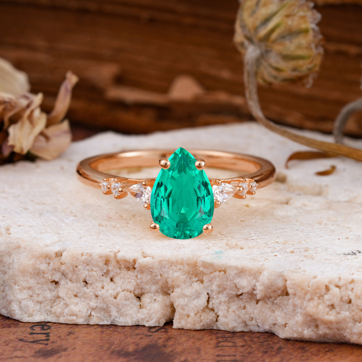 Pear Cut Emerald Three-Stone Engagement Ring for her - Additional view