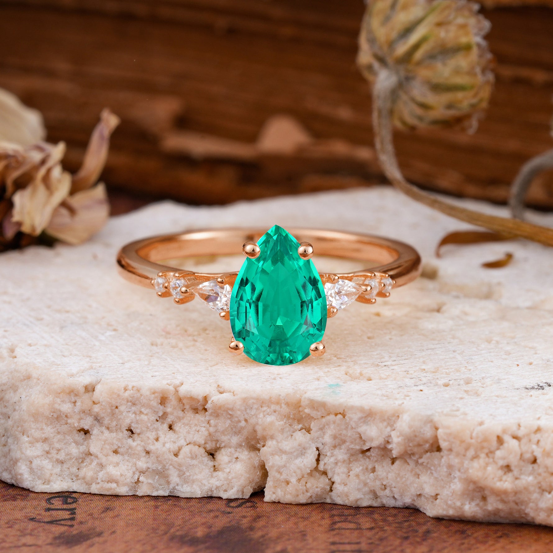 Pear Cut Emerald Three-Stone Engagement Ring for her - Additional view