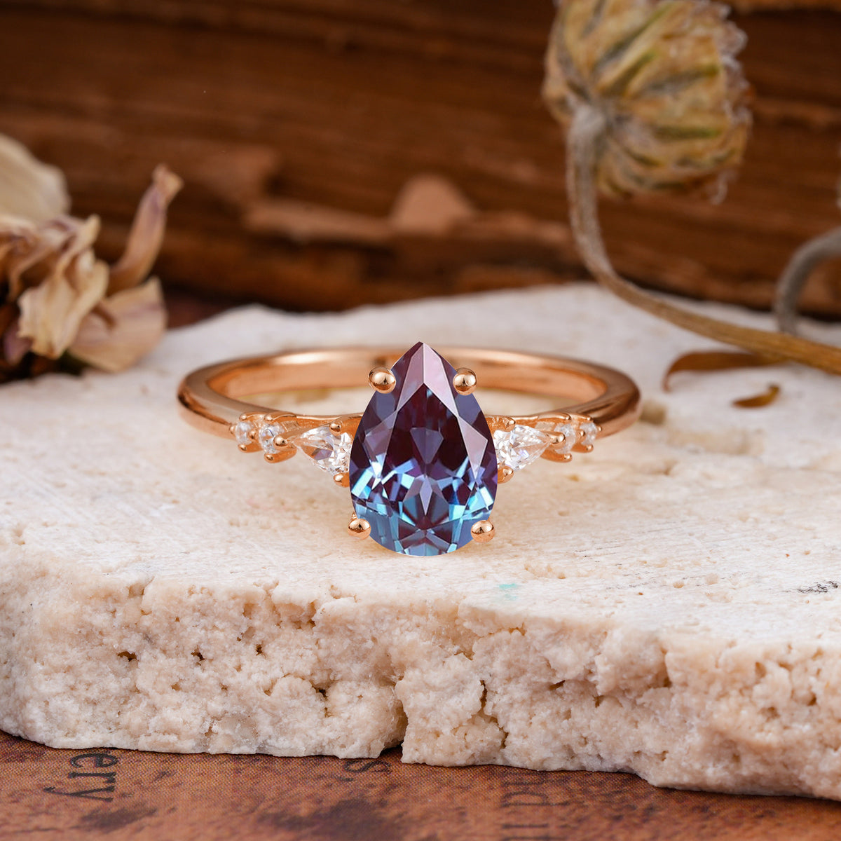 Pear Cut Alexandrite Three-Stone Engagement Ring for her - Additional view