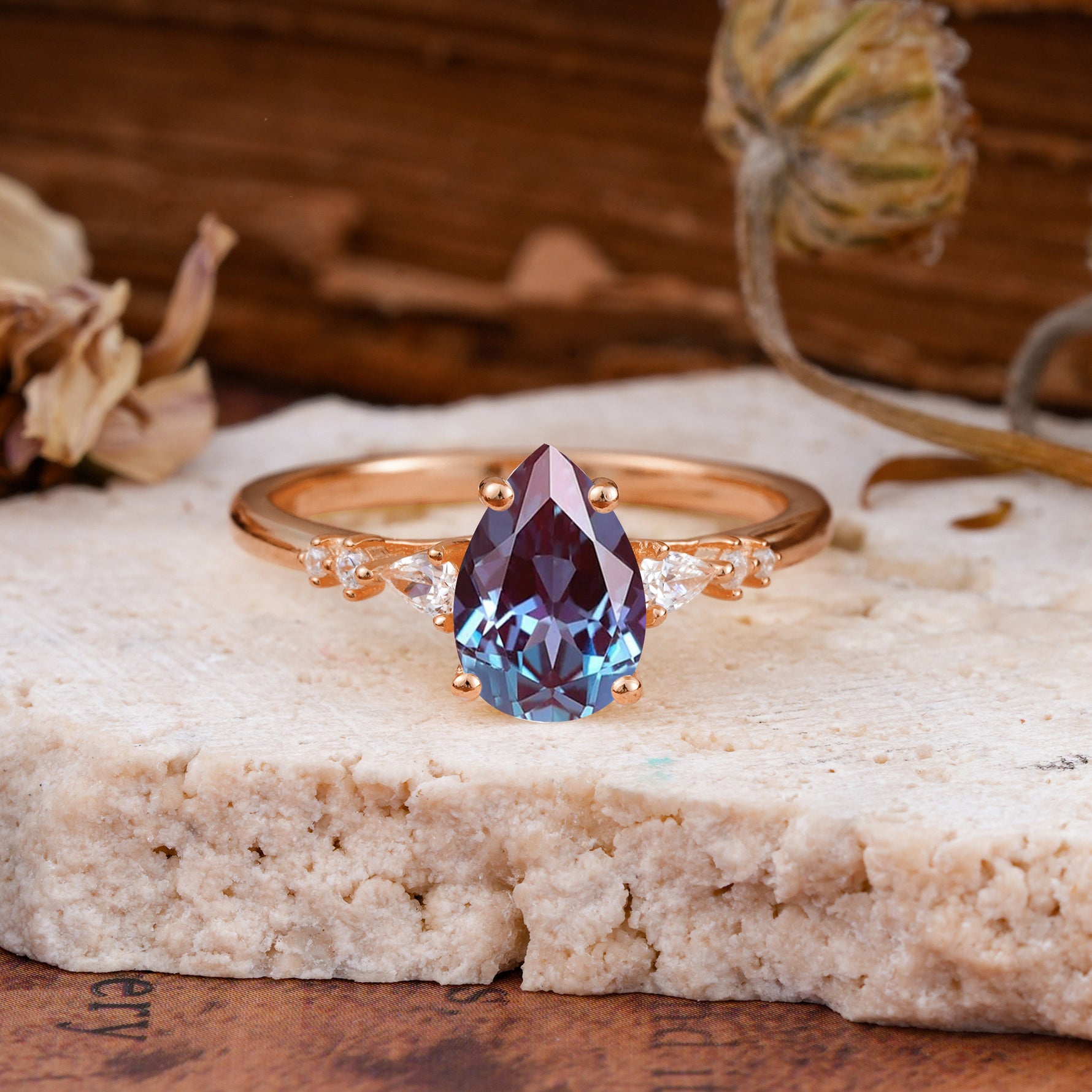 Pear Cut Alexandrite Three-Stone Engagement Ring for her - Additional view