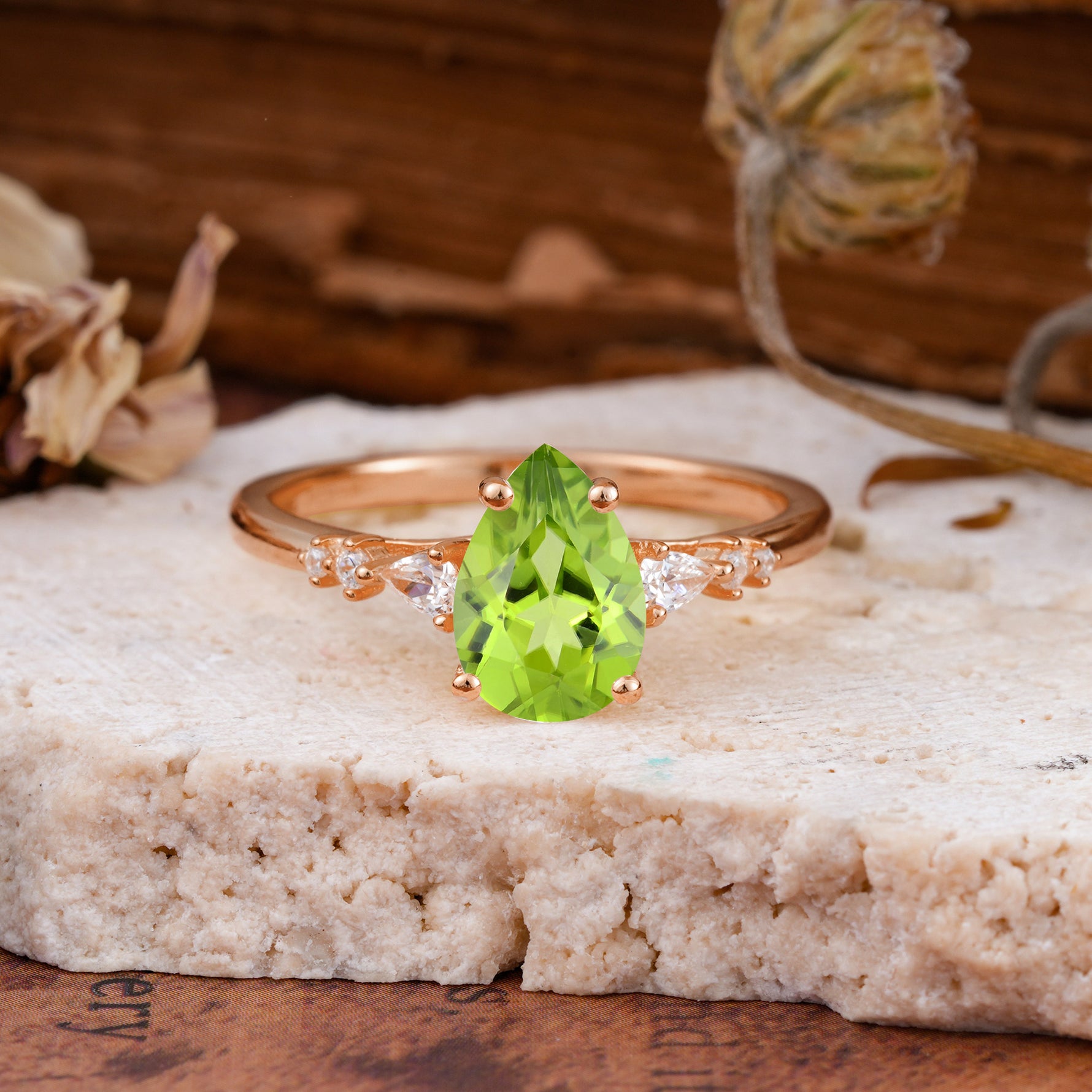 Pear Cut Peridot Three-Stone Engagement Ring for her - Additional view