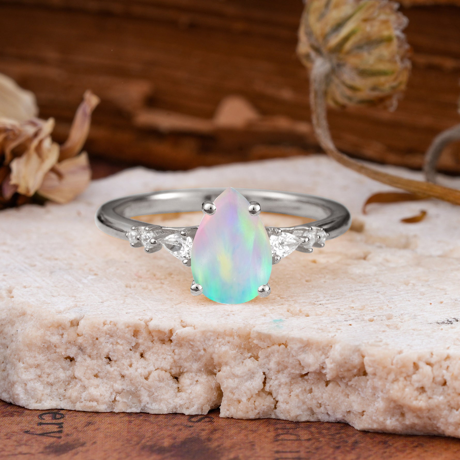 Pear Cut Fire Opal Three-Stone Engagement Ring for her - Additional view