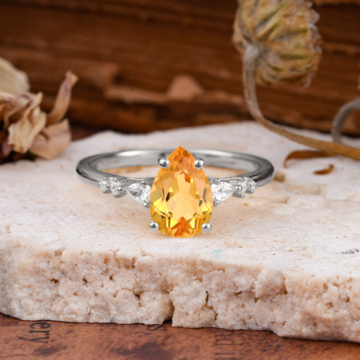 Pear Cut Citrine Three-Stone Engagement Ring for her - Additional view