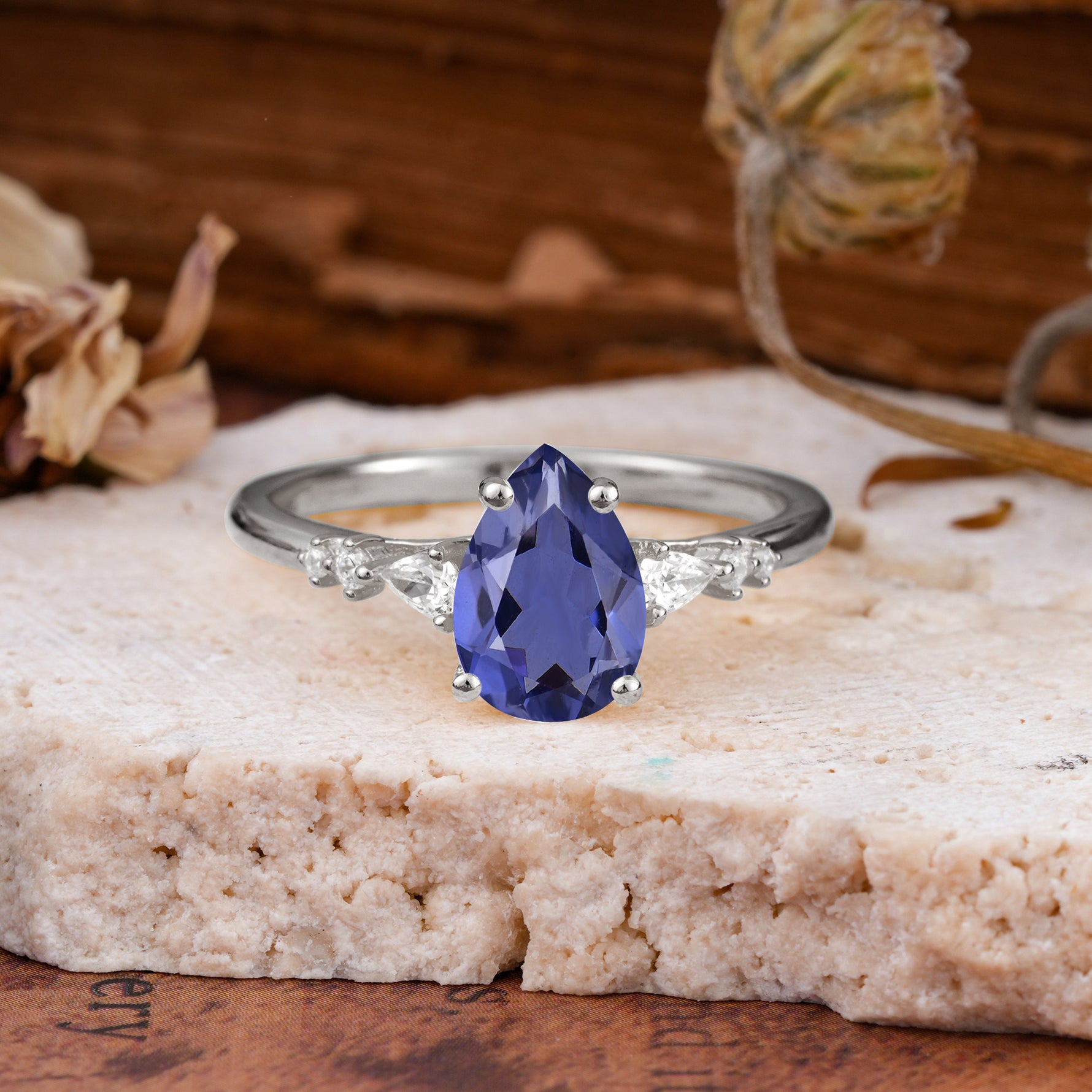 Pear Cut Tanzanite Three-Stone Engagement Ring for her - Additional view