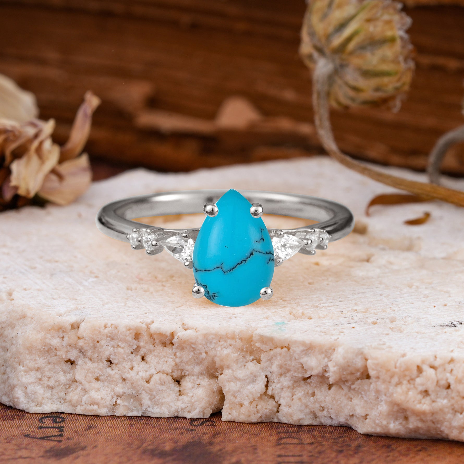 Pear Cut Turquoise Three-Stone Engagement Ring for her - Additional view