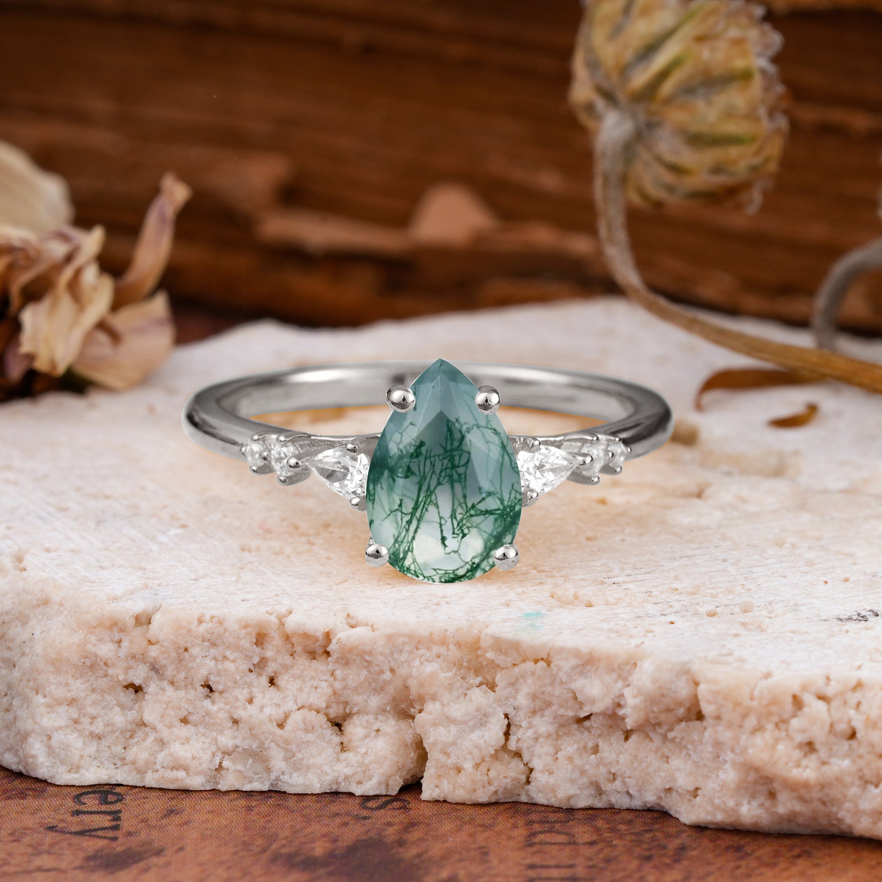 Pear Cut Moss Agate Three-Stone Engagement Ring for her - Additional view