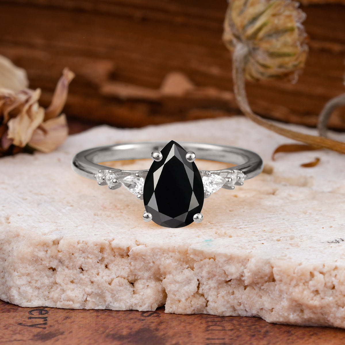 Pear Cut Black Onyx Three-Stone Engagement Ring for her - Additional view