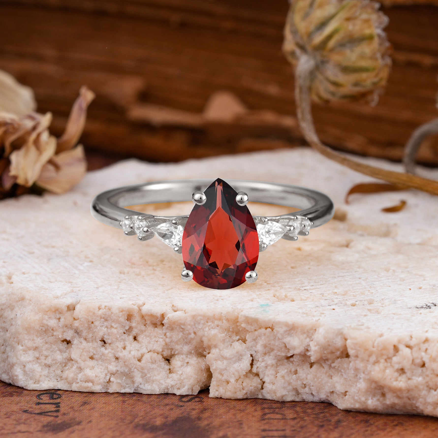 Pear Cut Garnet Three-Stone Engagement Ring for her - Additional view