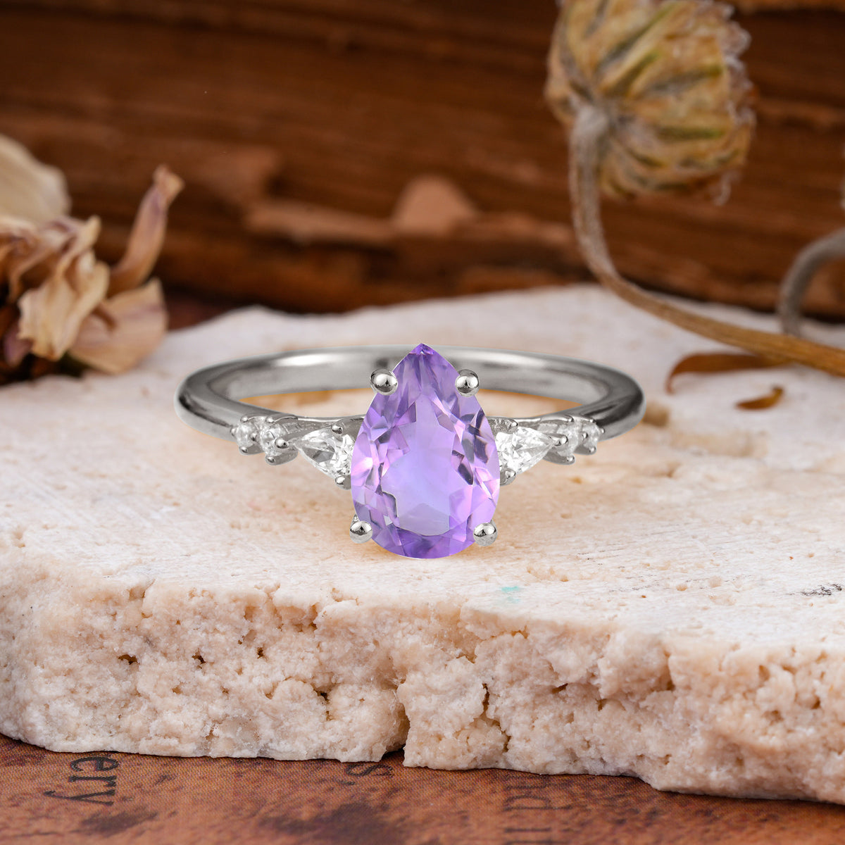 Pear Cut Amethyst Three-Stone Engagement Ring for her - Additional view