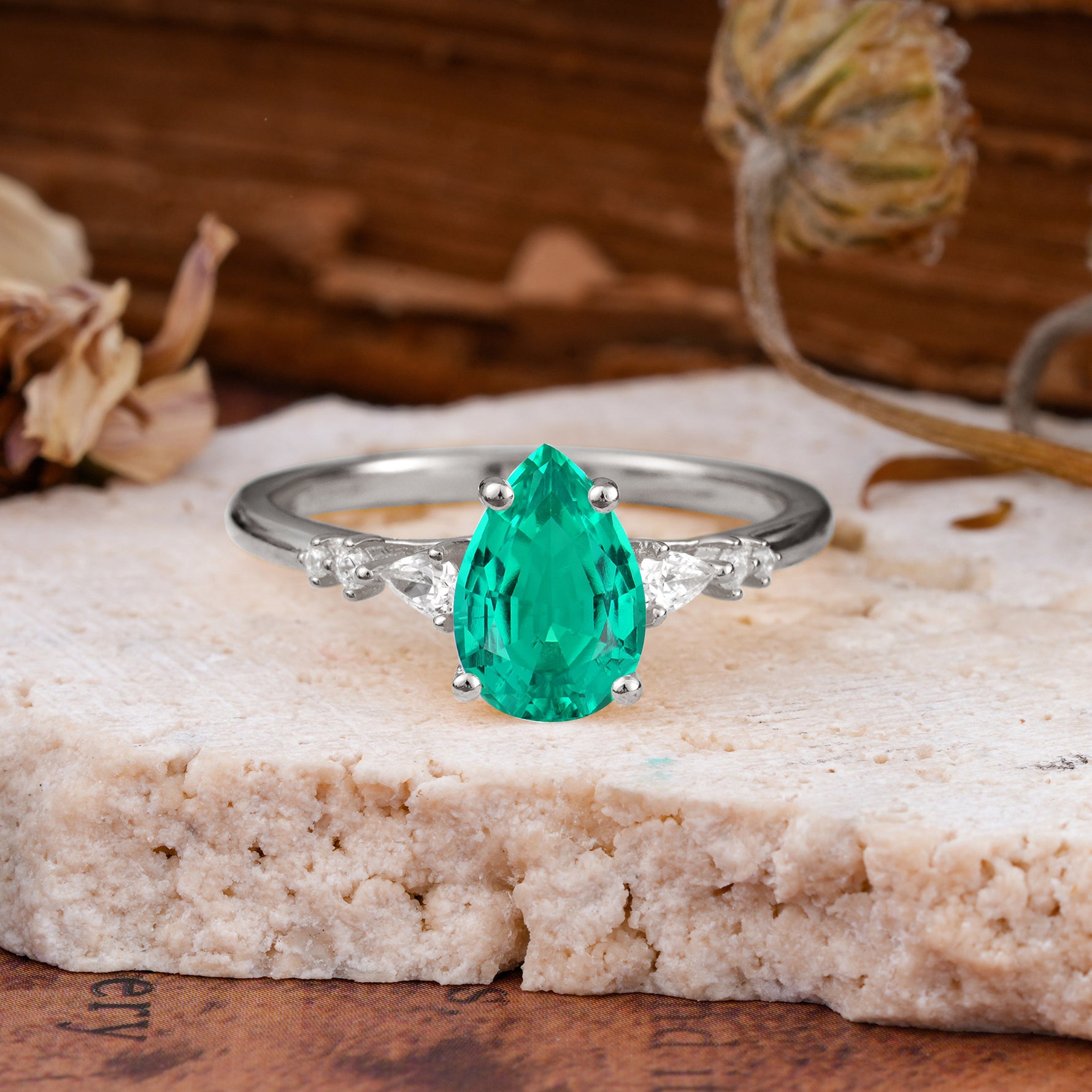 Pear Cut Emerald Three-Stone Engagement Ring for her - Additional view