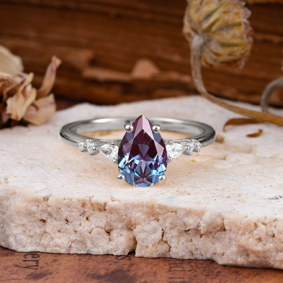 Pear Cut Alexandrite Three-Stone Engagement Ring for her - Additional view