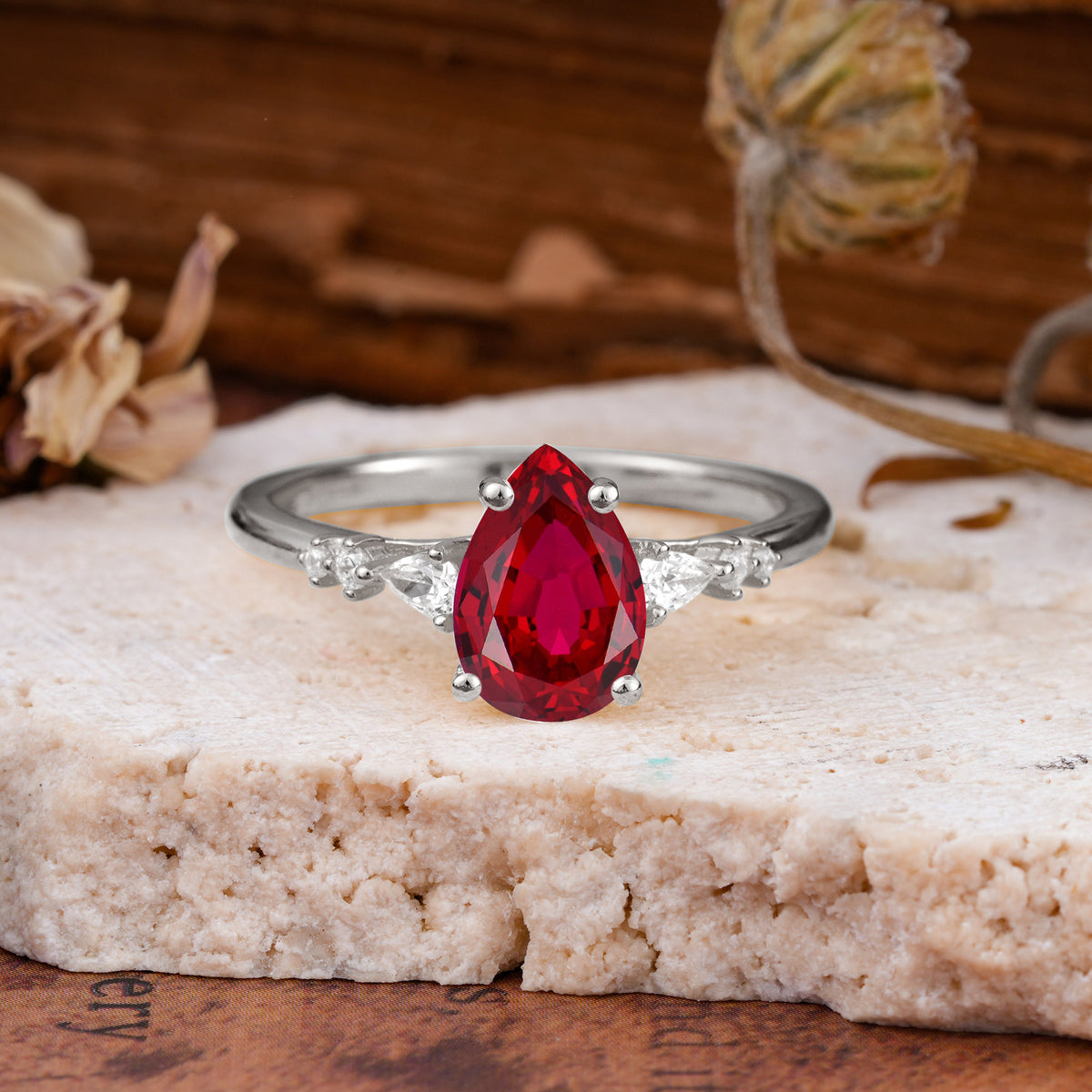 Pear Cut Ruby Three-Stone Engagement Ring for her - Additional view