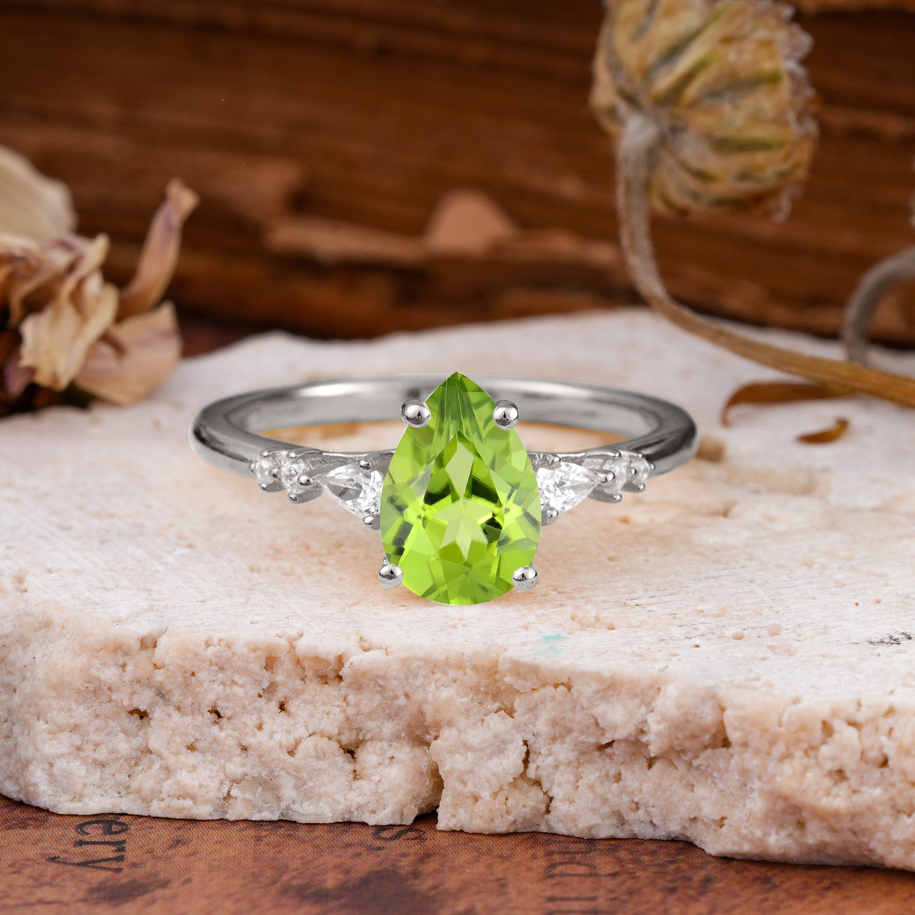 Pear Cut Peridot Three-Stone Engagement Ring for her - Additional view