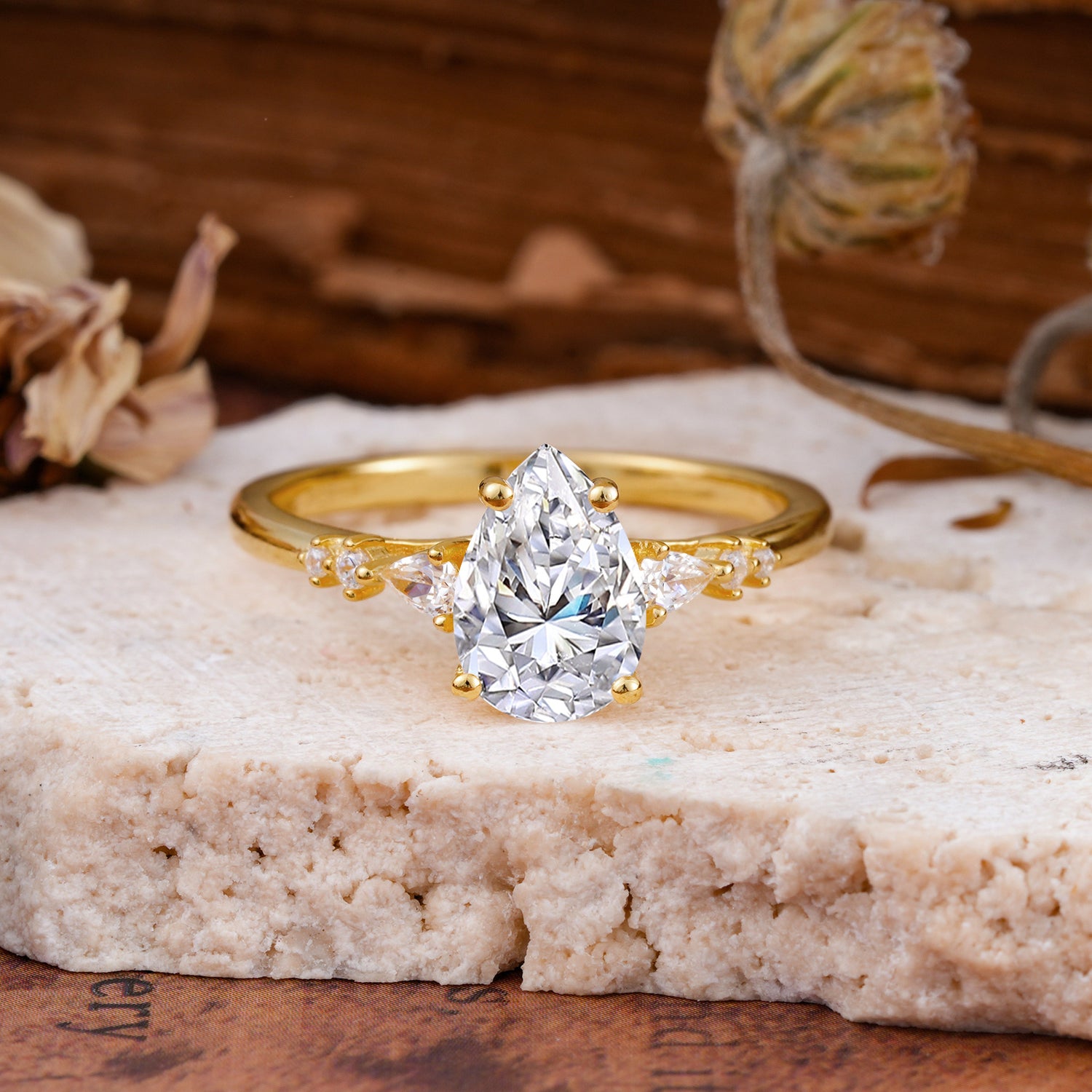 Pear Cut Moissanite Three-Stone Engagement Ring for her - Additional view