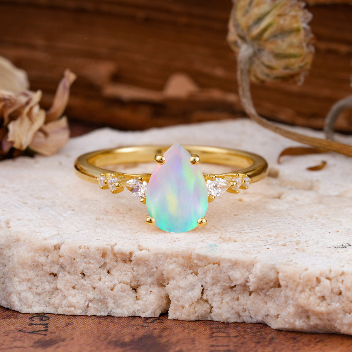 Pear Cut Fire Opal Three-Stone Engagement Ring for her - Additional view