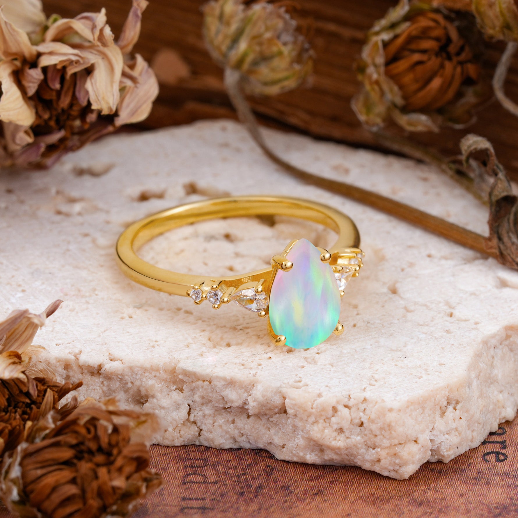 Pear Cut Fire Opal Three-Stone Engagement Ring for her - Additional view