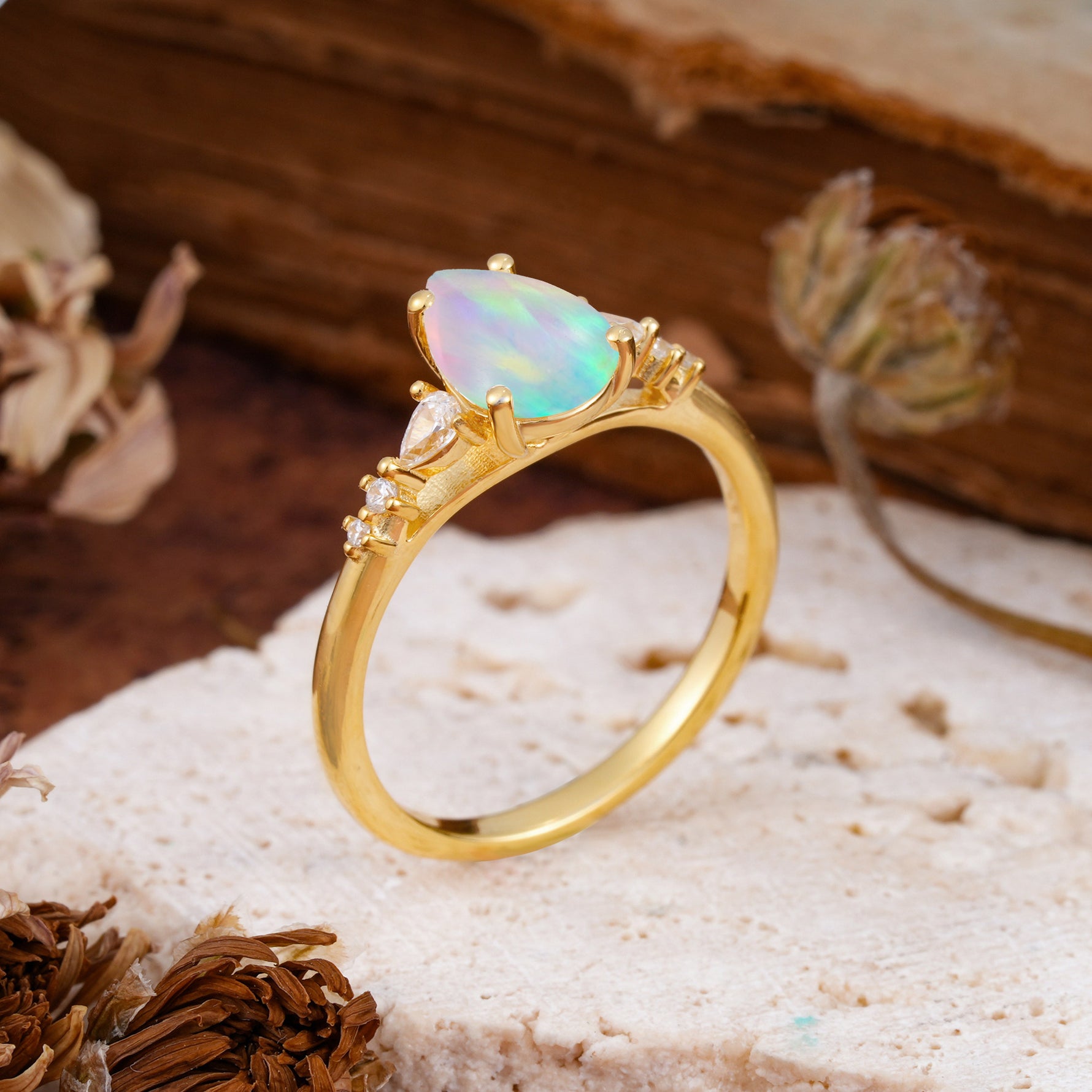 Pear Cut Fire Opal Three-Stone Engagement Ring for her - Additional view