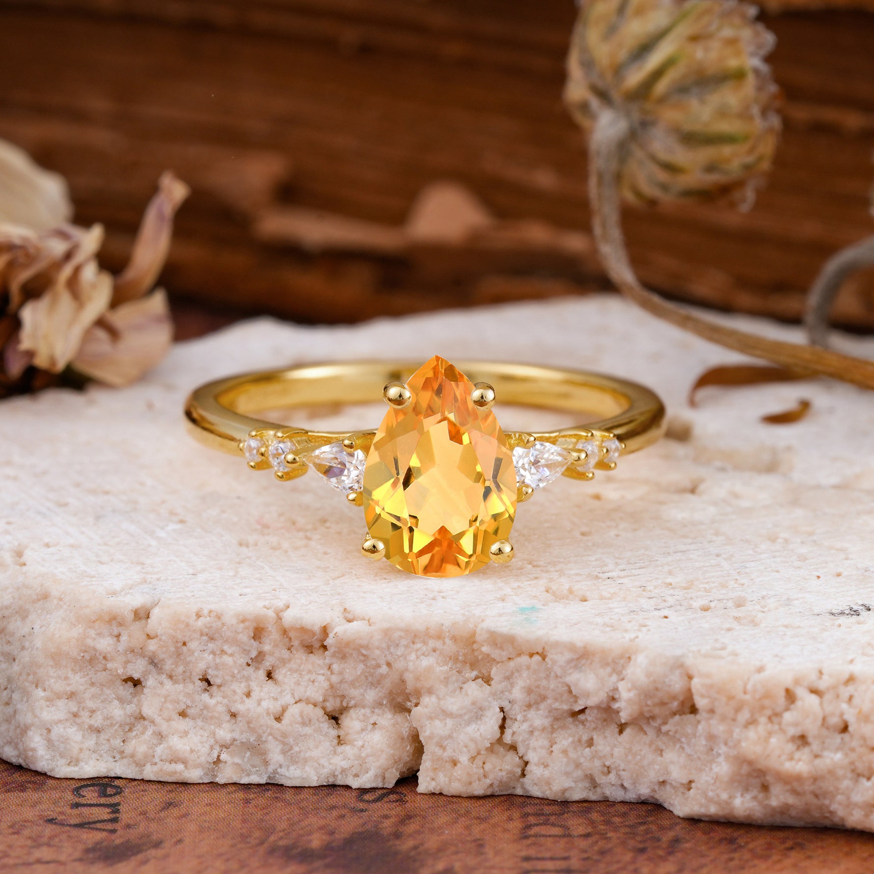 Pear Cut Citrine Three-Stone Engagement Ring for her - Additional view