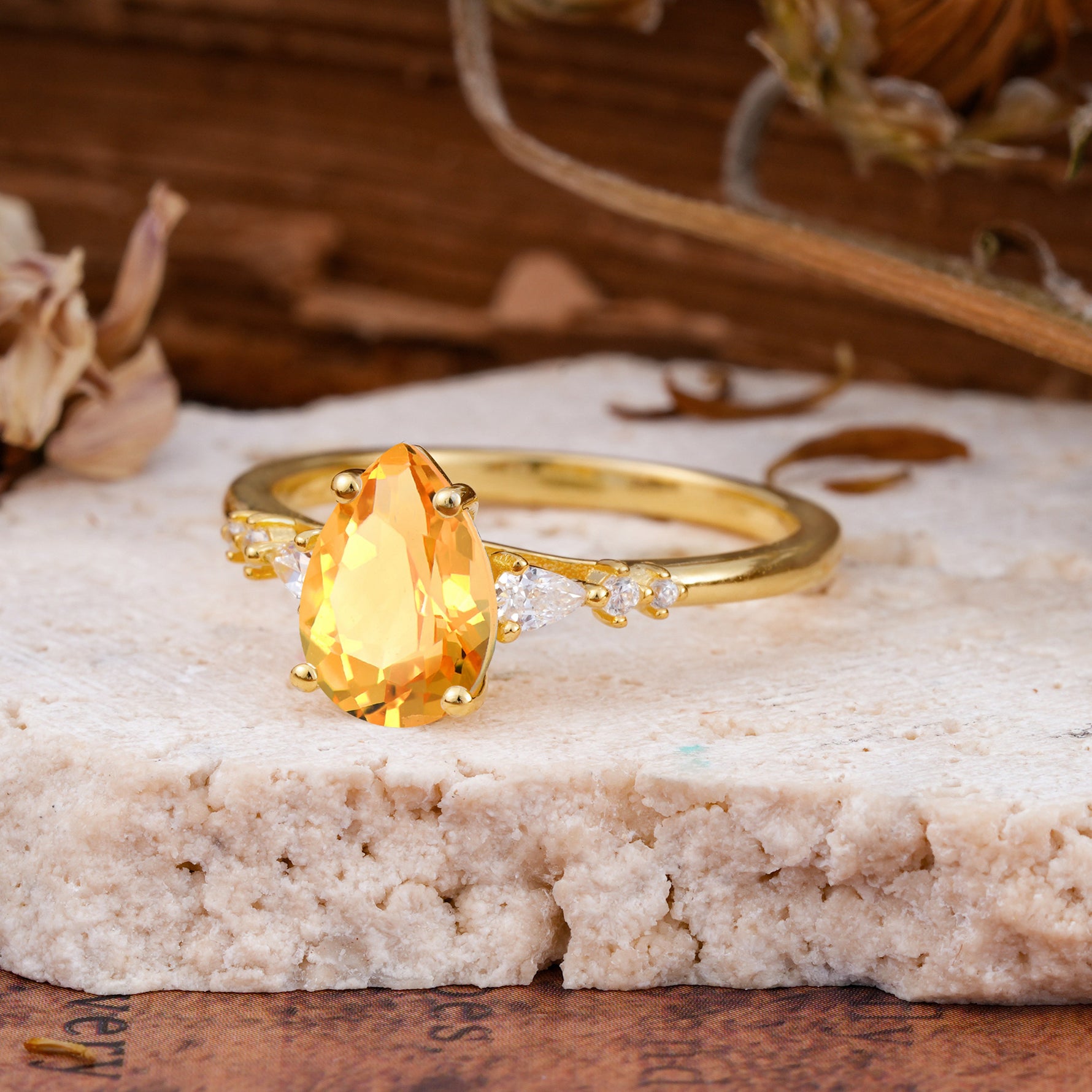 Pear Cut Citrine Three-Stone Engagement Ring for her - Additional view