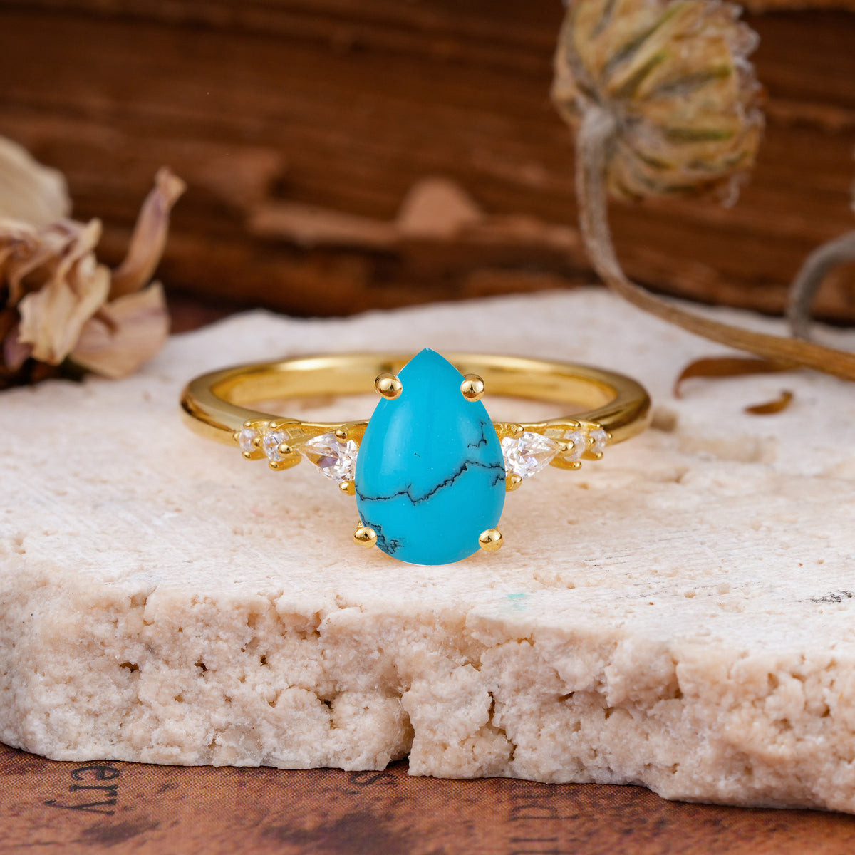 Pear Cut Turquoise Three-Stone Engagement Ring for her - Additional view