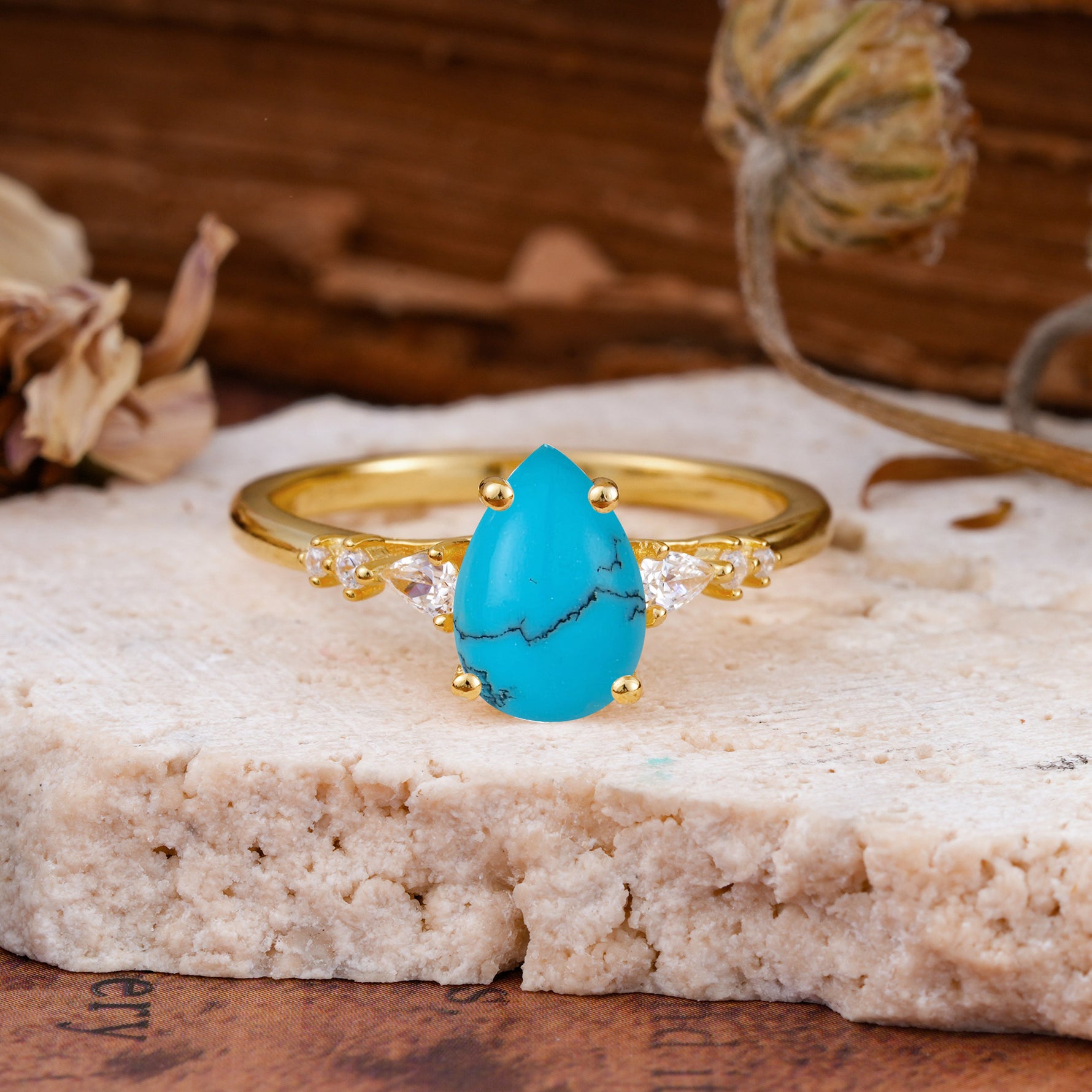 Pear Cut Turquoise Three-Stone Engagement Ring for her - Additional view