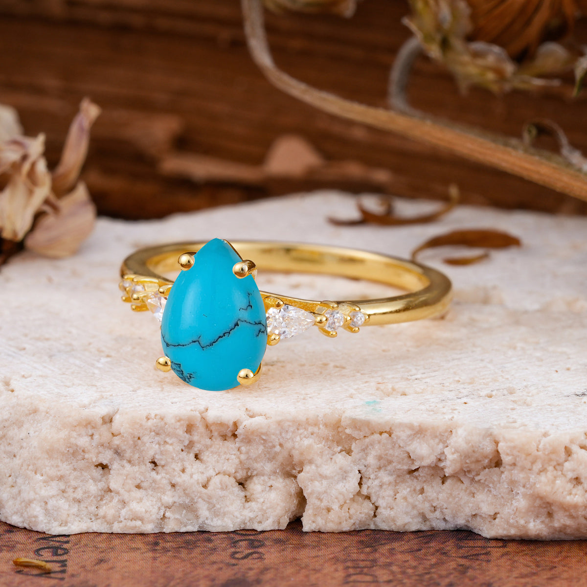 Pear Cut Turquoise Three-Stone Engagement Ring for her - Additional view