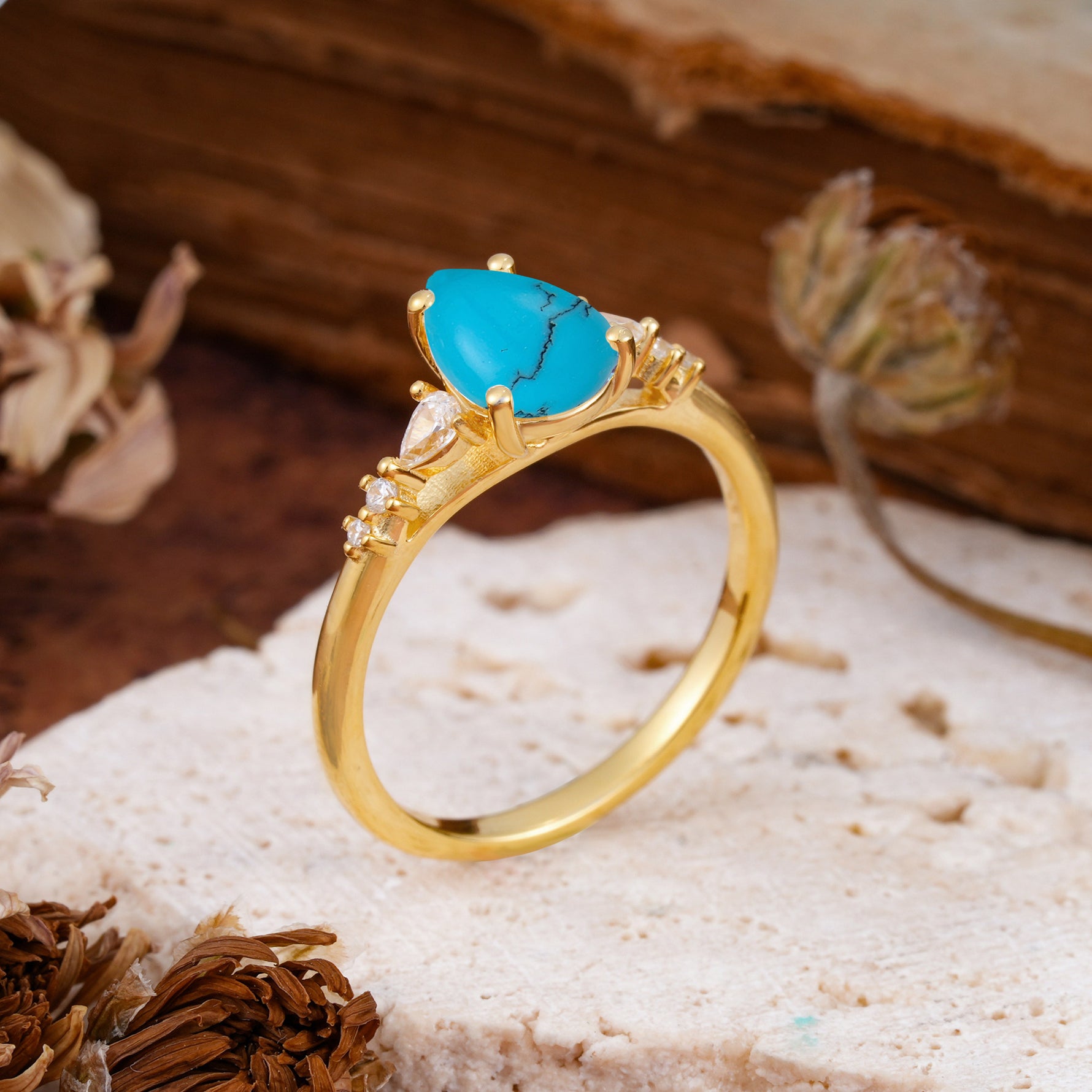 Pear Cut Turquoise Three-Stone Engagement Ring for her - Additional view