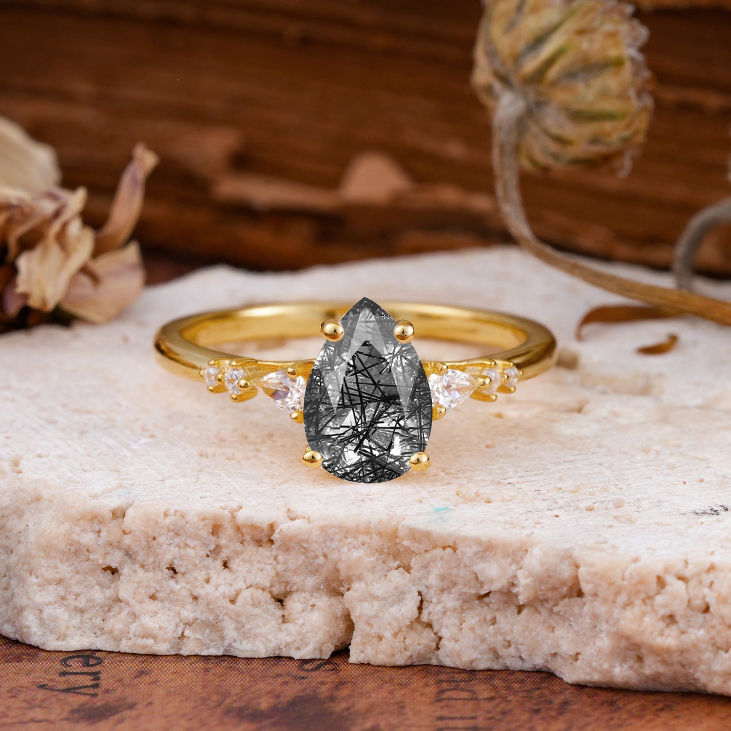 Pear Cut Black Rutilated Quartz Three-Stone Engagement Ring for her - Additional view