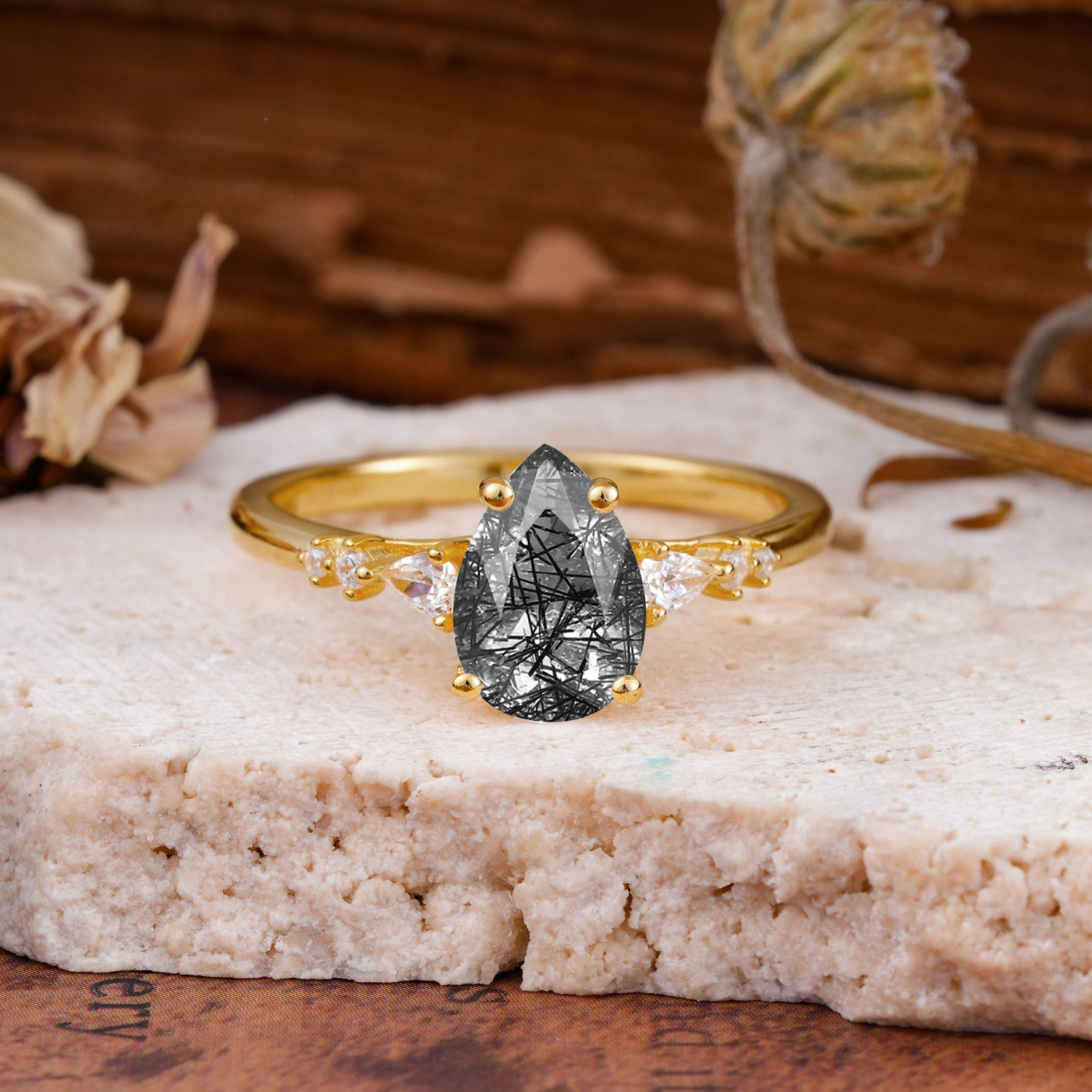 Pear Cut Black Rutilated Quartz Three-Stone Engagement Ring for her - Additional view