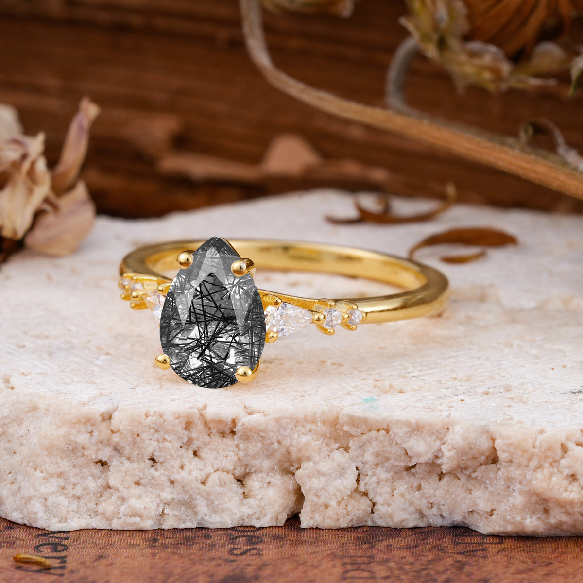 Pear Cut Black Rutilated Quartz Three-Stone Engagement Ring for her - Additional view