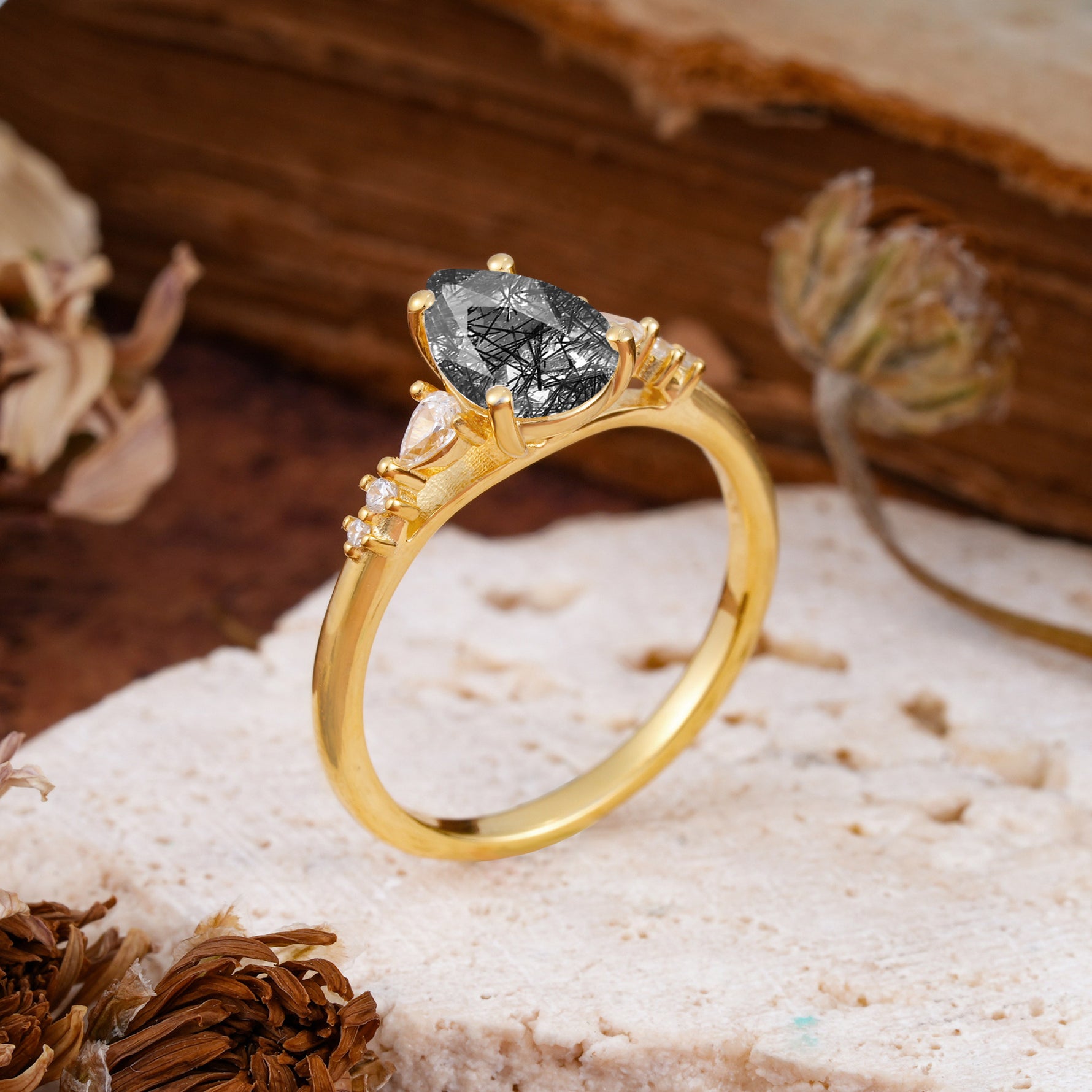 Pear Cut Black Rutilated Quartz Three-Stone Engagement Ring for her - Additional view